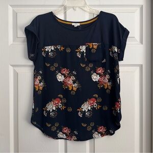 Navy Floral Short Sleeve Blouse with Pocket